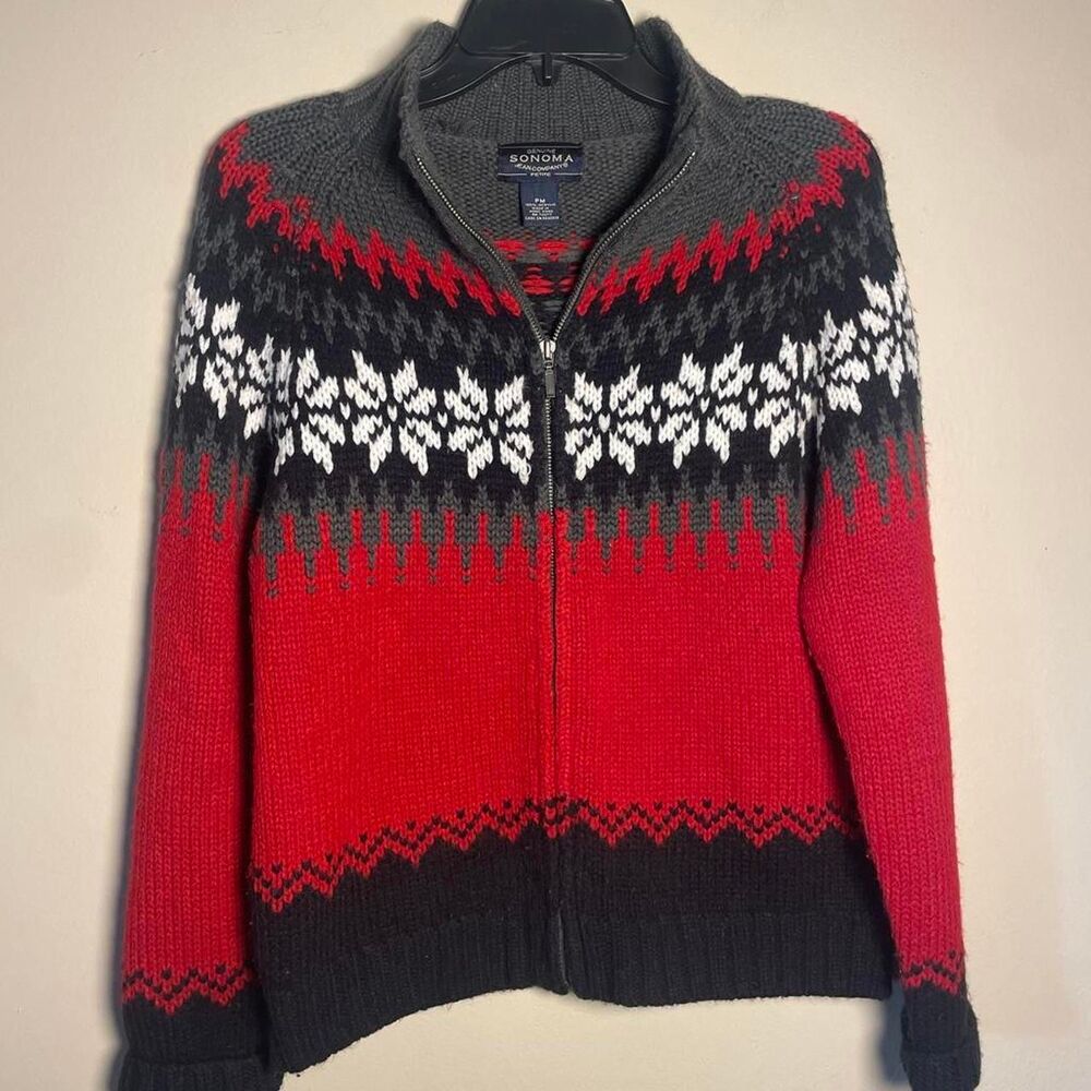 Sonoma Jean Company red, black snowflake knit zip up sweater PM Petite Medium